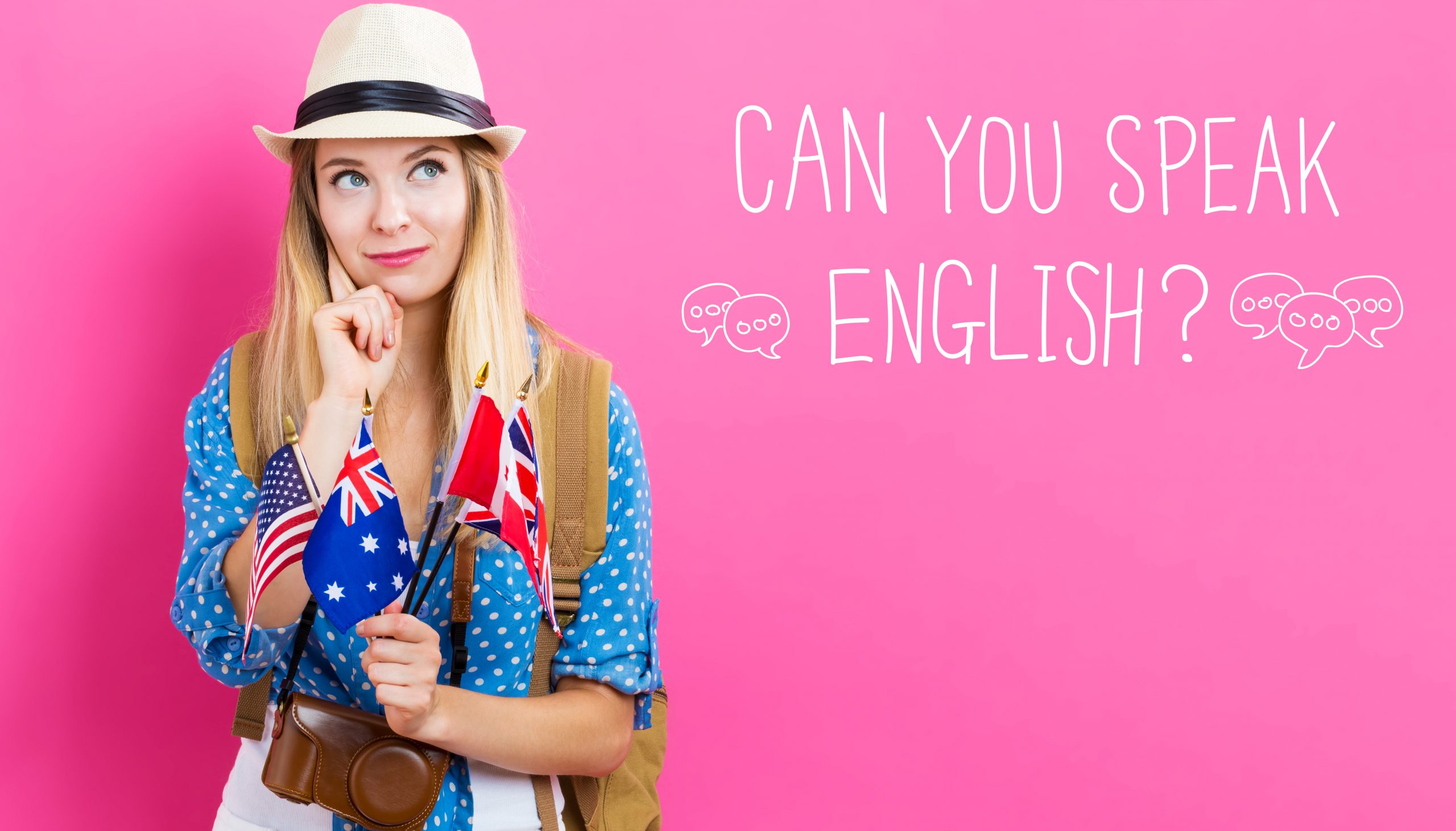 Can You Speak English text with young woman with flags Can You Speak English text with young woman with flags IELTSvisa.com